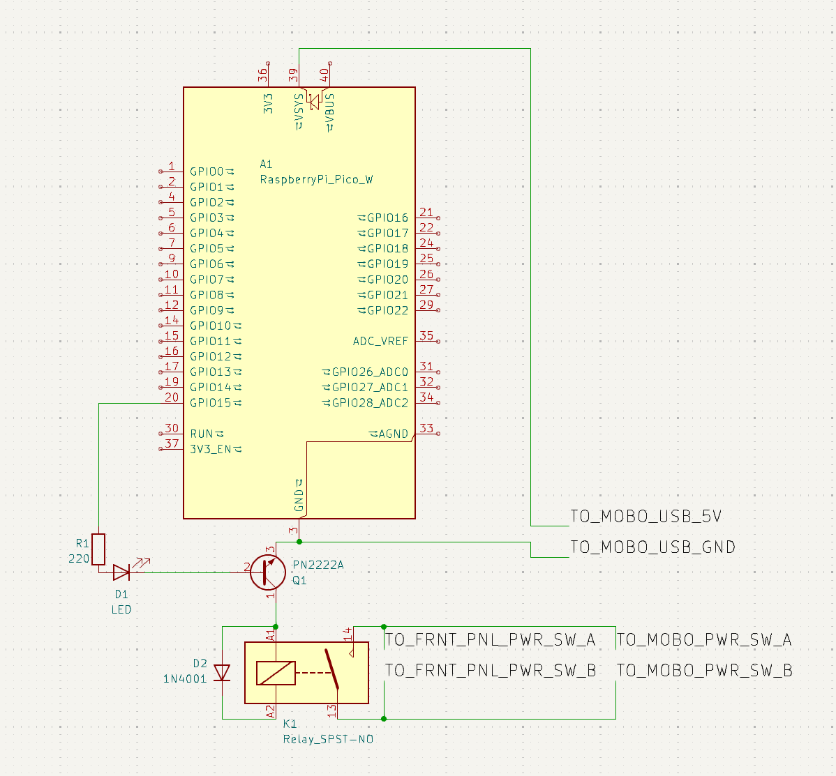 Image alt text: A schematic. A transistor with the base connected to GP15 thru a 220Ω resistor and an LED, the emitter connected to ground, and the collector to 3V3OUT through the coil of an SRD-05V relay. There's a diode across the coil, and the common/NO contacts are set up in parallel with the front-panel power switch.